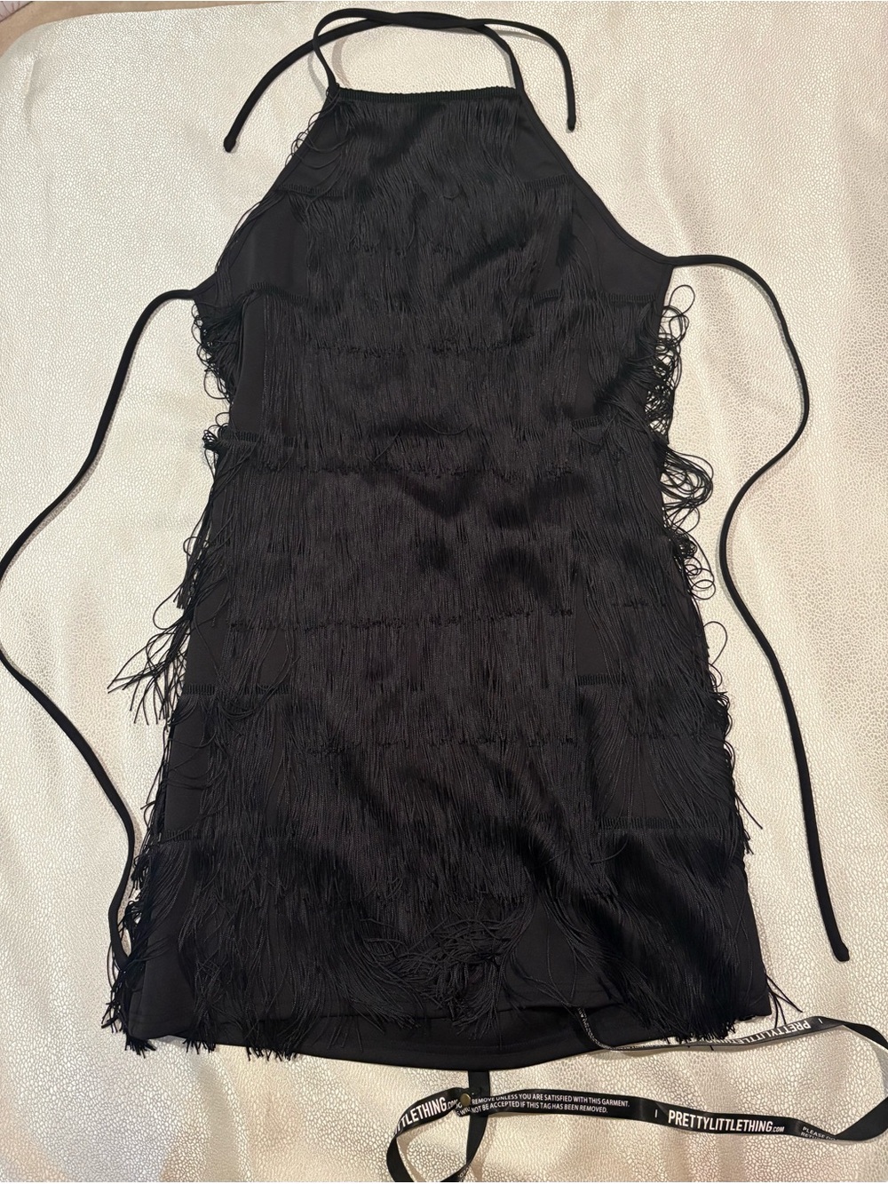 PrettyLittleThing Black Fringe Halter Mini Dress